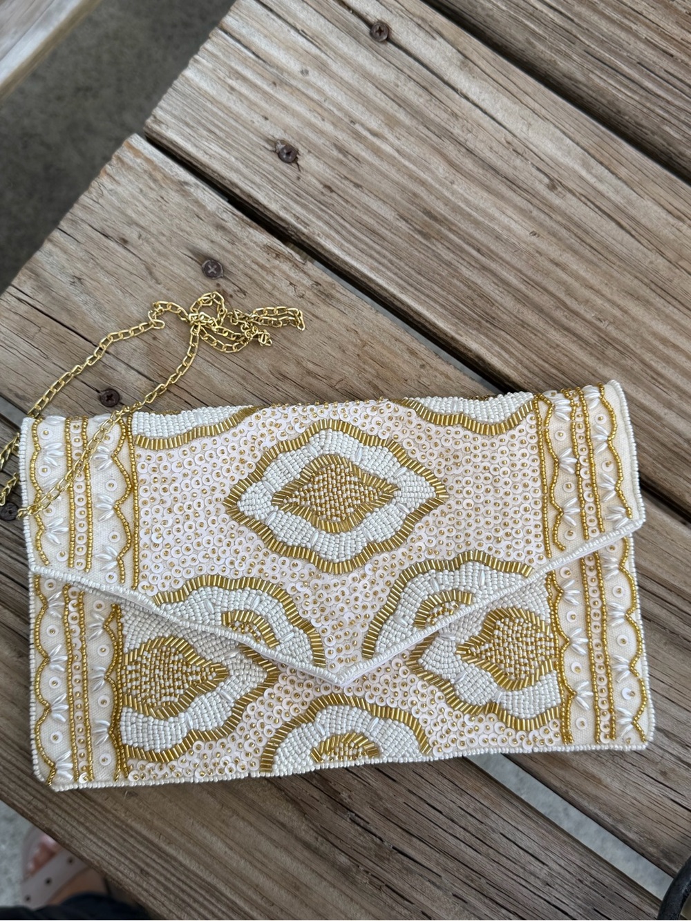 White & Gold Hand Beaded Envelope Clutch Crossbody Bag - Picture 7 of 13